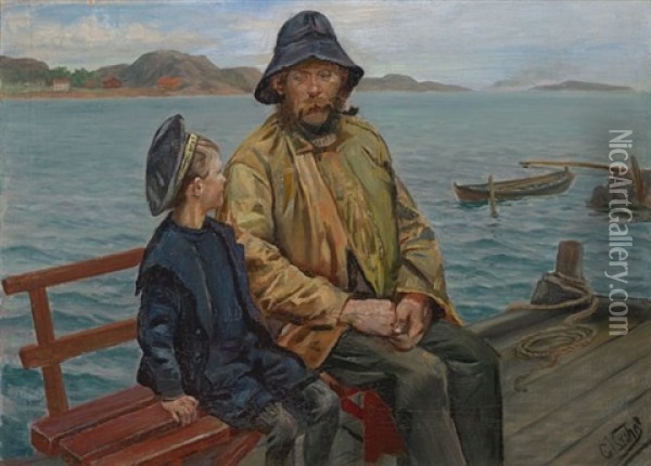Fisker Og Gutt Pa Bryggen Oil Painting - Christian Krohg