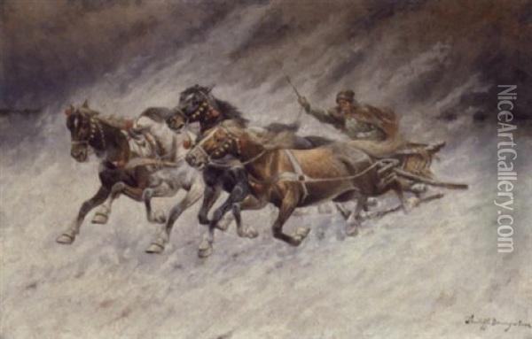 Hesteslaedekorsel I Snestorm Oil Painting - Adolf (Constantin) Baumgartner-Stoiloff