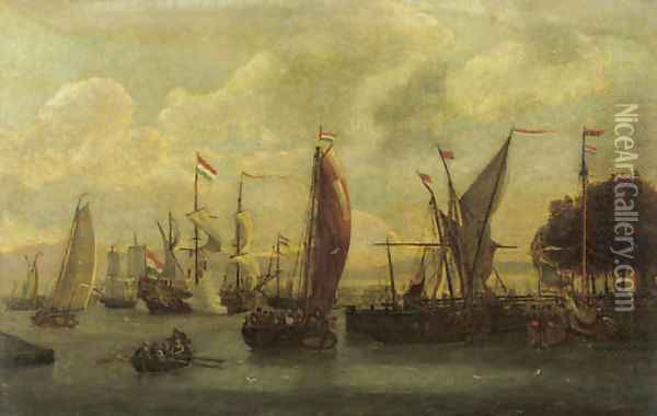 A view of the IJ, Amsterdam with a threemaster firing a salute and a State-yacht moored by a jetty Oil Painting - Abraham Storck