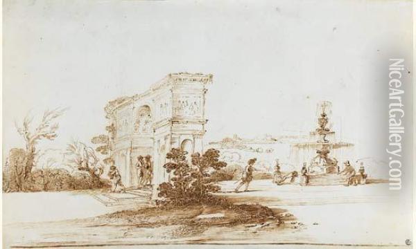Paysage A L'arc De Triomphe Et A La Fontaine Oil Painting - Guercino