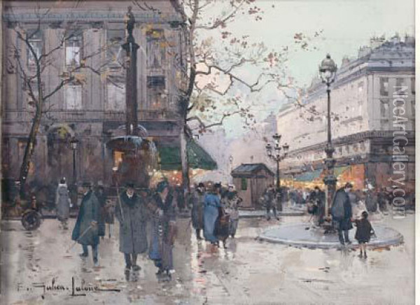 La Place Du Theatre Francais Et L'entree De L'avenue De L'opera Oil Painting - Eugene Galien-Laloue