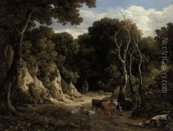 A Wooded Landscape With Cattle And Sheep Oil Painting - Philip Reinagle