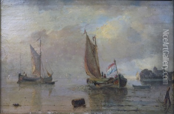 Zeilboot Onder Nederlandse Vlag Voor De Kust Oil Painting - Jacob Glaudianna de Haan