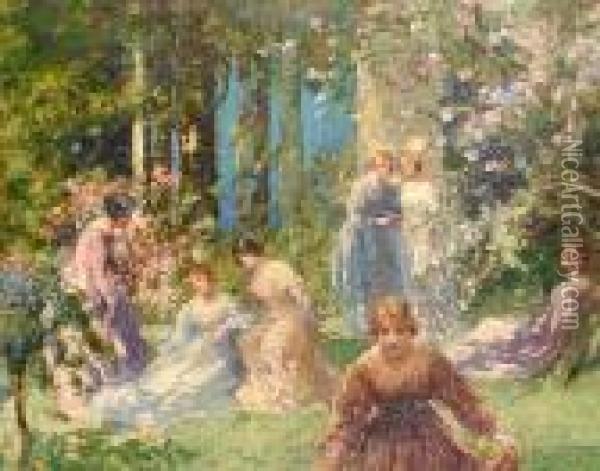 Ladies In A Garden Oil Painting - Thomas E. Mostyn