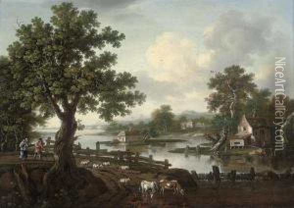 An Extensive Wooded River Landscape With Drovers And Their Animalson A Track Oil Painting - William Tomkins