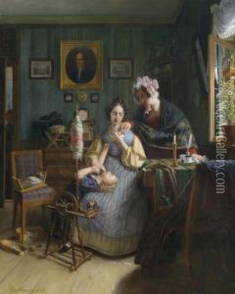 Eavesdropping On The Spinstress Oil Painting - George Friedrich Reichmann