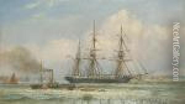 A Three-master And A Paddle Steamer In An Estuary Oil Painting - Charles John de Lacy