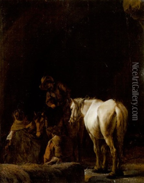 Figures And Horses Resting Inside A Cave Oil Painting - Pieter Cornelius Verbeeck