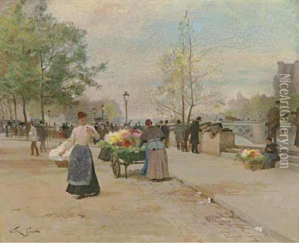 The Flower Sellers By The Pont Du Louvre Oil Painting - Victor-Gabriel Gilbert