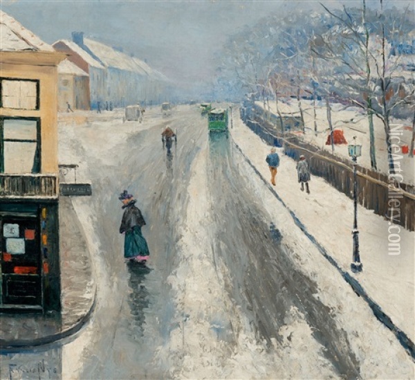 Snowy Street Oil Painting - Francis Nys