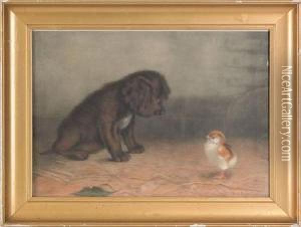 Puppy And Chick Oil Painting - Ben Austrian