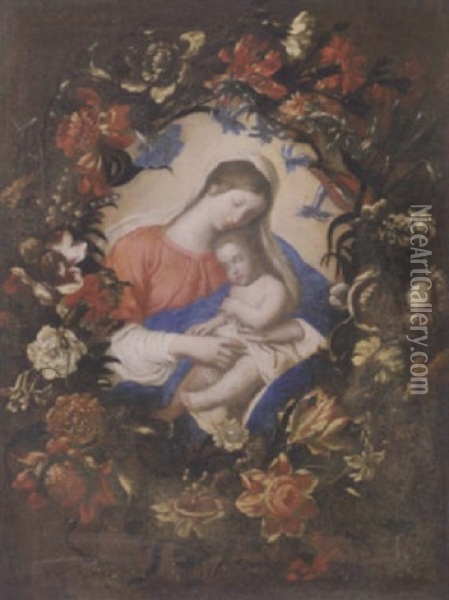 The Madonna And Child Within A Garland Of Flowers Oil Painting - Mario Nuzzi