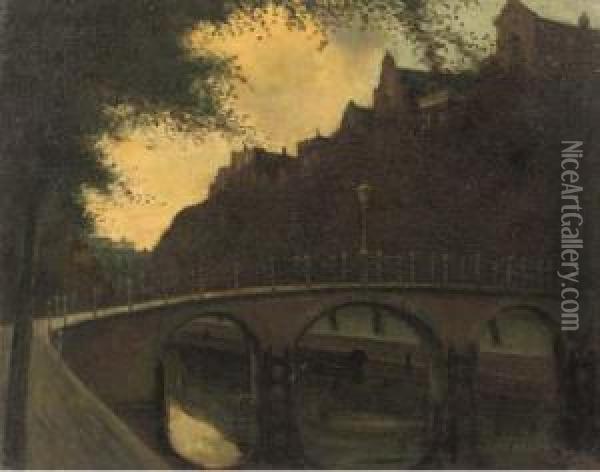 Stadsgezicht: A Canal In Amsterdam Oil Painting - Eduard Karsen