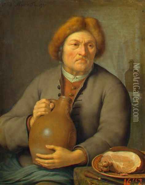 Old Peasant Holding a Jug Oil Painting - Frans van the Younger Mieris