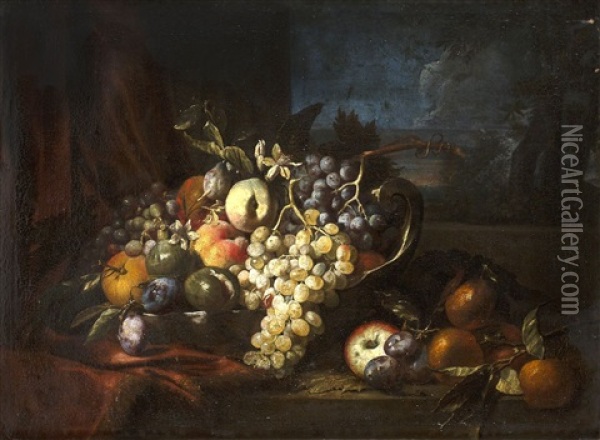 Bodegon Con Uvas Y Frutas Sobre Un Paisaje. Oil Painting - Abraham Brueghel