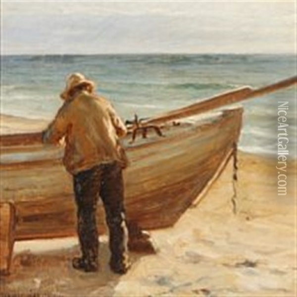 A Fisherman On The Beach Oil Painting - Niels Frederik Schiottz-Jensen