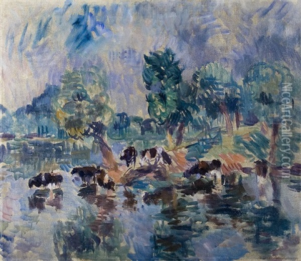 Kuhe Am Ufer (+ Palmen Vor Gebirgsszenerie, Verso) Oil Painting - Ernst Isselmann