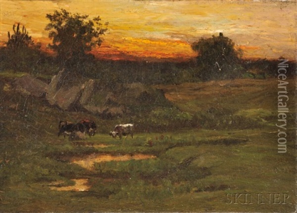 Sunset Landscape With Cattle Oil Painting - John Joseph Enneking