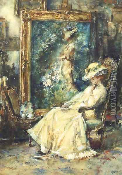 A pause from posing an elegant lady seated in the artist's studio Oil Painting - Albert Roelofs