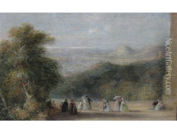 Figures On A Terrace, An Extensive Landscape With Viaduct Beyond Oil Painting - David Cox the Elder