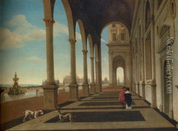A Capriccio Of A Renaissance Style Colonnade, An Ornamental Lake And A Landscape Beyond Oil Painting - Isaac van Nickele