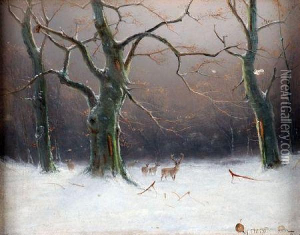 Deer In Winter Landscape Oil Painting - Nils Hans Christiansen