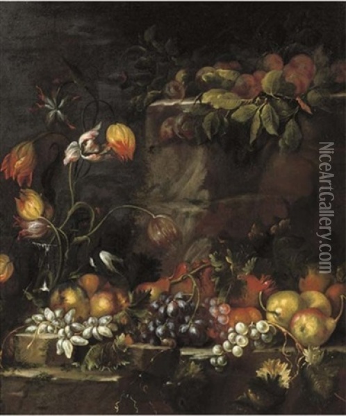 A Glass Vase With Tulips, And Apples, Grapes, Pears And Other Fruit On A Stone Ledge Oil Painting - Giovanni Paolo Castelli (lo Spadino)