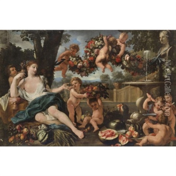 Ceres Attended By Putti, At A Fountain Oil Painting - Abraham Brueghel