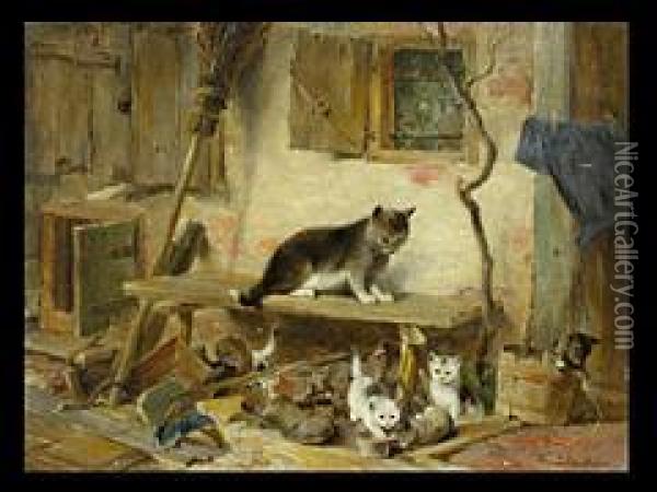 Katze Mit Vier Jungen Vor Bauernhaus Oil Painting - Julius I Adam
