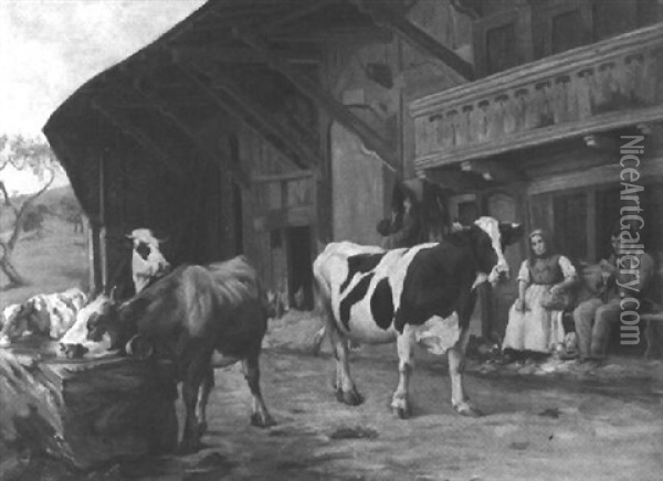 Bauernhof Mit Kuhen An Der Tranke Oil Painting - Eugene Burnand