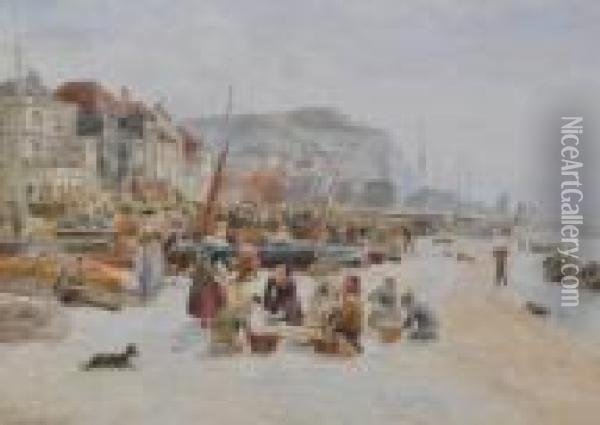 Busy Hastingsbeach Scene With Crowds Of Fisherfolk Sorting The Catch Oil Painting - Ebenezer Wake Cook