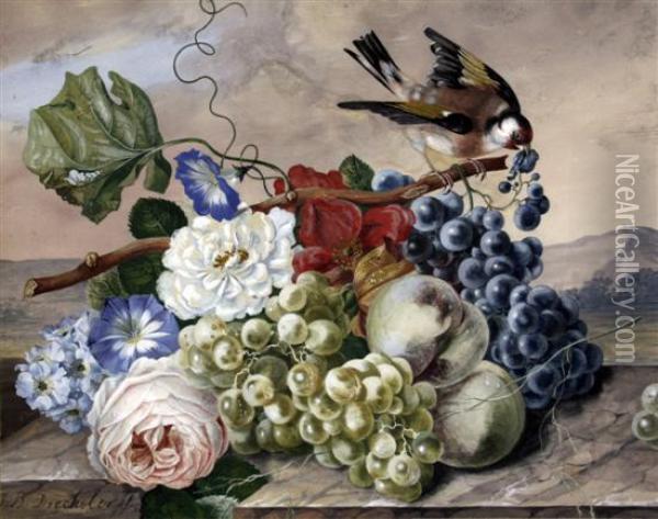 Still Life Of Fruit And Flowers With A Gold Finch Oil Painting - Johann Baptist Drechsler