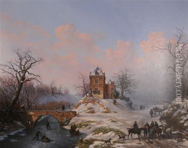 Winter Landscape With Animated Scenes Oil Painting - Joseph Ignace van Hoey
