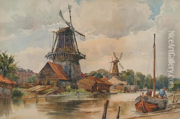 Dutch Canal With Windmills Oil Painting - Du Ella Cane