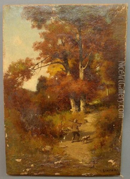 Forest Landscape With A Hunter A Dog Oil Painting - Charles Linford