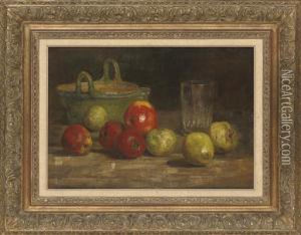 Apples, A Basket And A Glass, On A Table Oil Painting - Carl Schuch