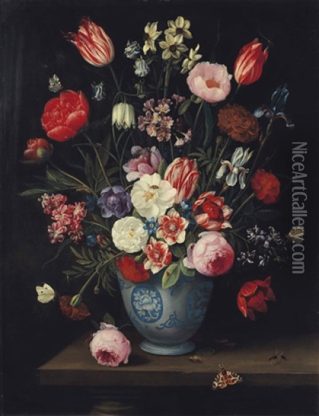 Roses, Tulips, Carnations An Iris And Other Flowers In A Chinese Transitional Blue And White Jardiniere With Moths And Other Insects On A Ledge Oil Painting - Jan van Kessel the Elder