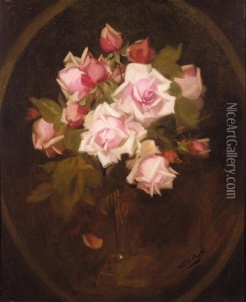 Still Life Of Pink Roses In A Vase Oil Painting - Stuart James Park