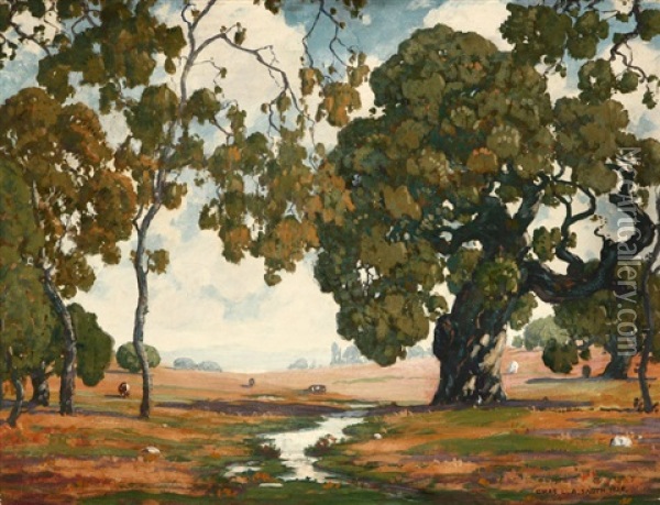 Oak Trees In A Landscape With Grazing Cattle Oil Painting - Charles L.A. Smith