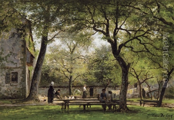 Painters Sitting In The Courtyard Of The Saint-simeon Farm At Honfleur (1872) Oil Painting - Cesar De Cock