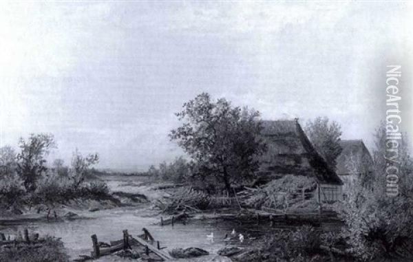 A Farmstead By A River Oil Painting - Theodor Martens