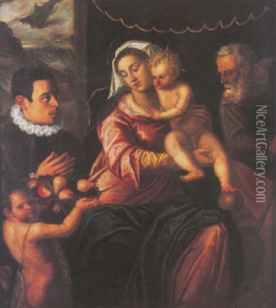 The Holy Family With The Infant Saint John The Baptist, With A Male Donor In Attendance Oil Painting - Domenico Campagnola