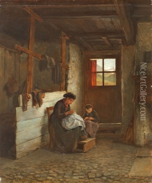 Mutter Mit Kind Beim Nahen Oil Painting - Pierre Edouard Frere