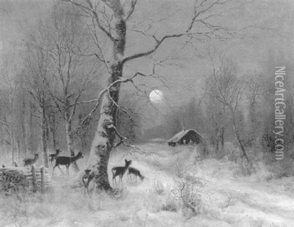 Rehe Im Nachtlichen Winterwald Oil Painting - Eduard Josef Mueller