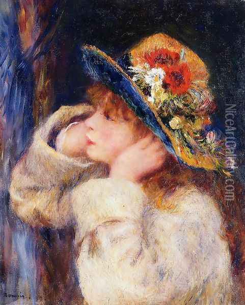 Young Girl In A Hat Decorated With Wildflowers Oil Painting - Pierre Auguste Renoir