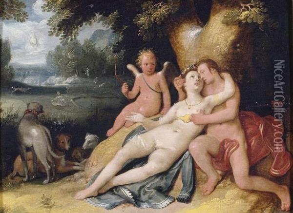 Venus And Adonis With Cupid In A Landscape Oil Painting - Cornelis Cornelisz Van Haarlem