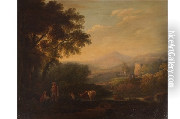A Landscape In Co. Wicklow, With The Sugar Loaf Mountain In The Distance, Figures And Animals In The Foreground, And A Castle In The Middle Distance Oil Painting - John Henry Campbell