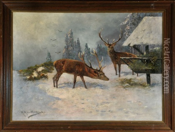 Hirsche Im Verschneiten Wald An Der Futterraffel Oil Painting - Moritz Mueller the Younger
