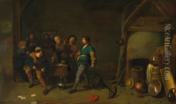 An Interior With Quarrelling Peasants Oil Painting - Pieter de Bloot
