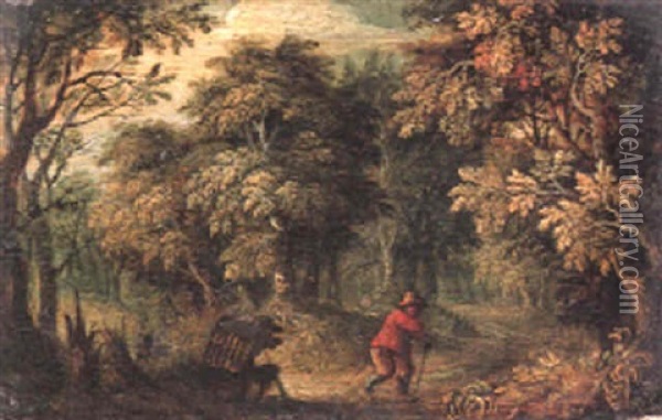 Two Birdcatchers On A Woodland Path Oil Painting - Jasper van der Laanen